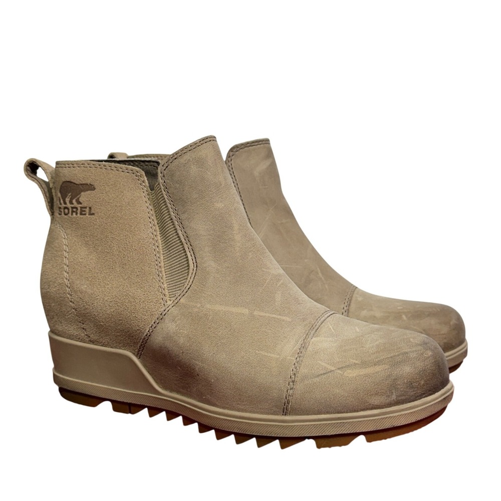 Sorel Womens Evie Pull-On Chelsea Suede Waterproof Wedge Booties 6.5 Taupe Fall